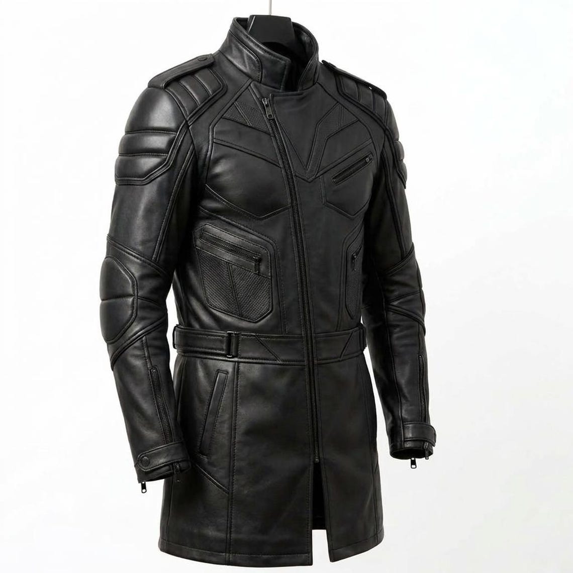 Side angle of black leather biker long coat for men
