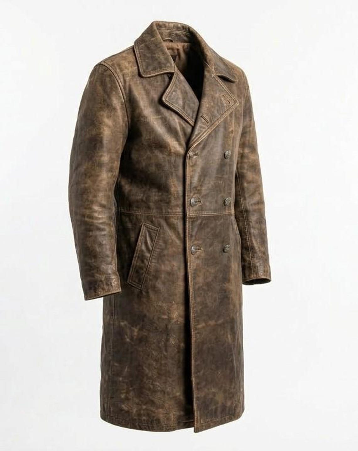 Side profile of men vintage distressed brown leather trench coat