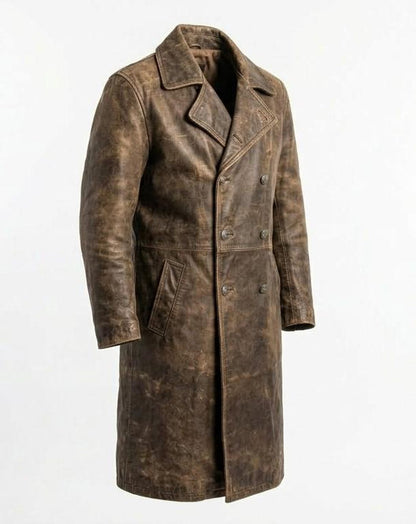 Side profile of men vintage distressed brown leather trench coat