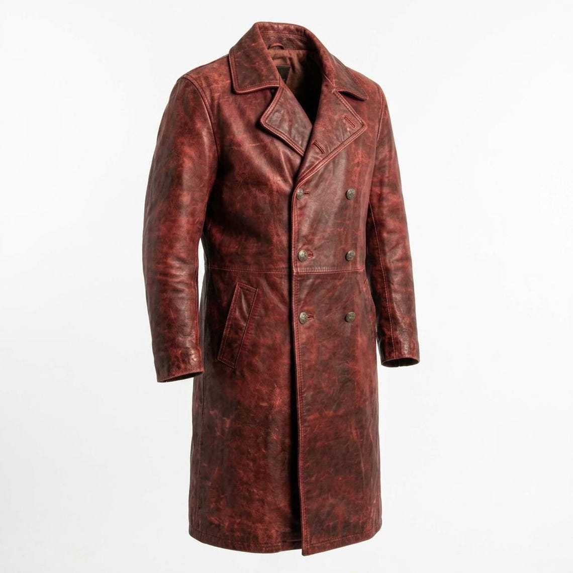  Side profile of men vintage distressed red leather trench coat