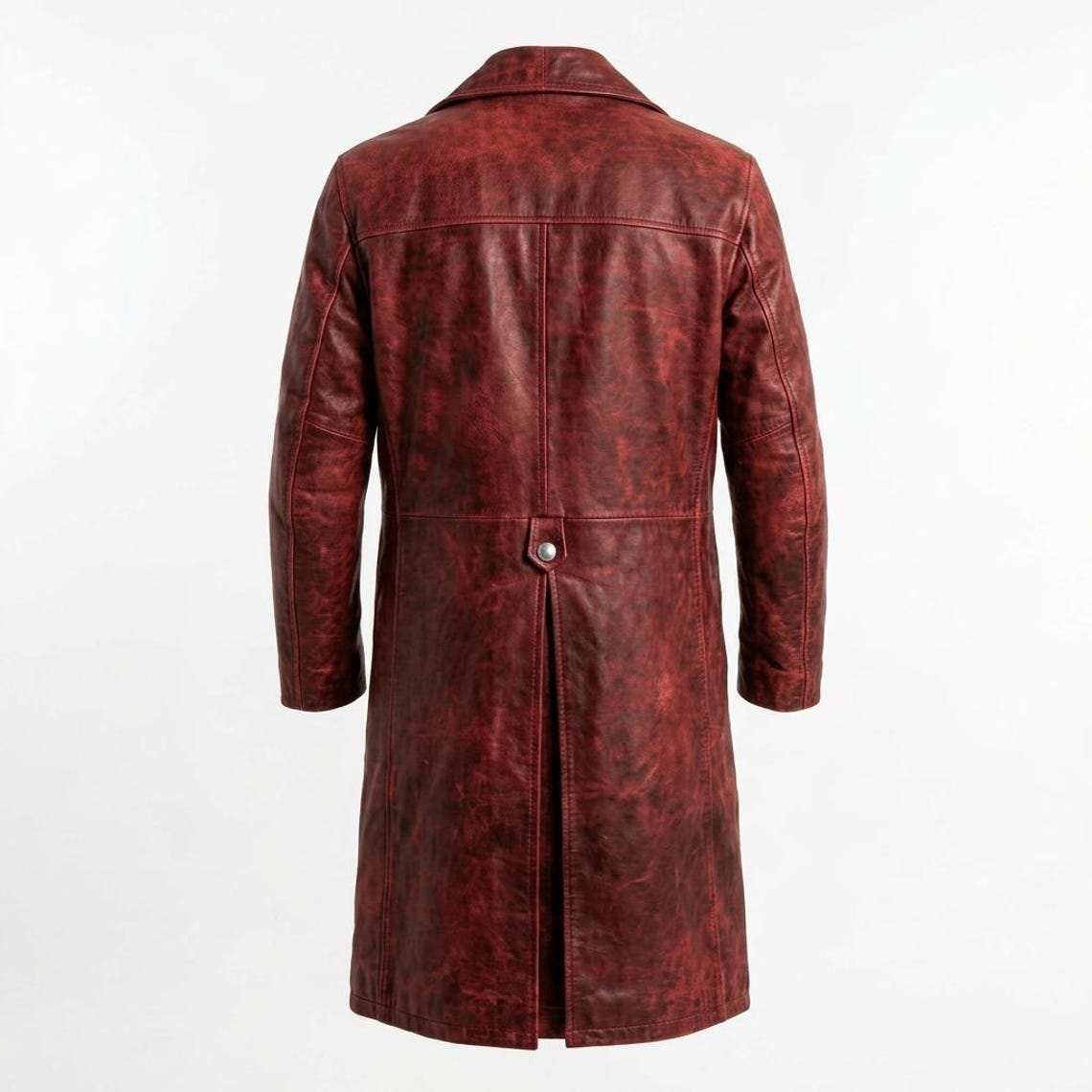 Back view of men distressed red leather trench coat