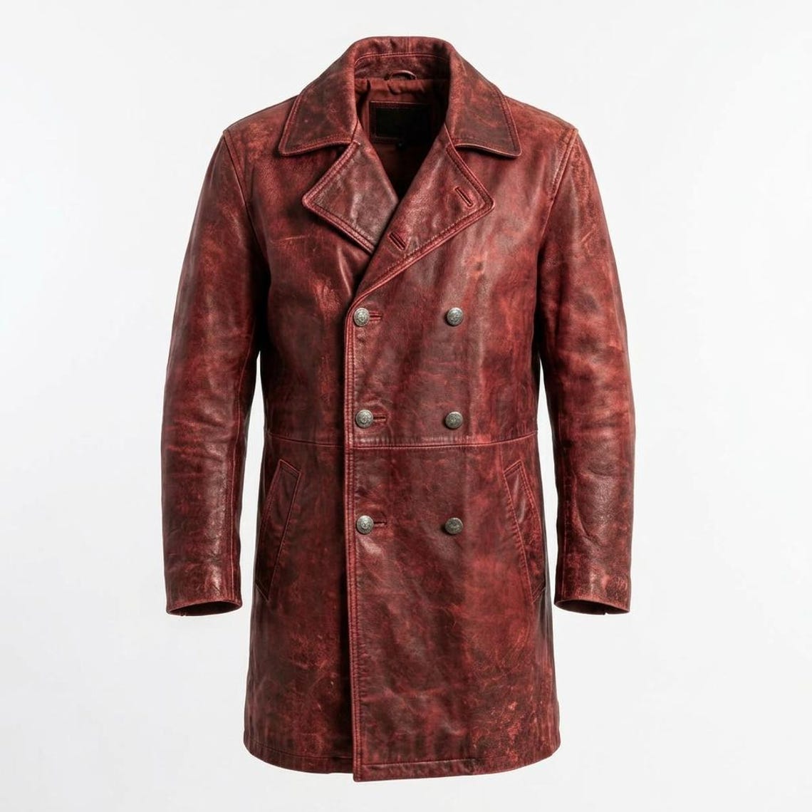 Front view of men vintage red leather trench coat with double breasted design
