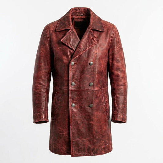 Front view of men vintage red leather trench coat with double breasted design