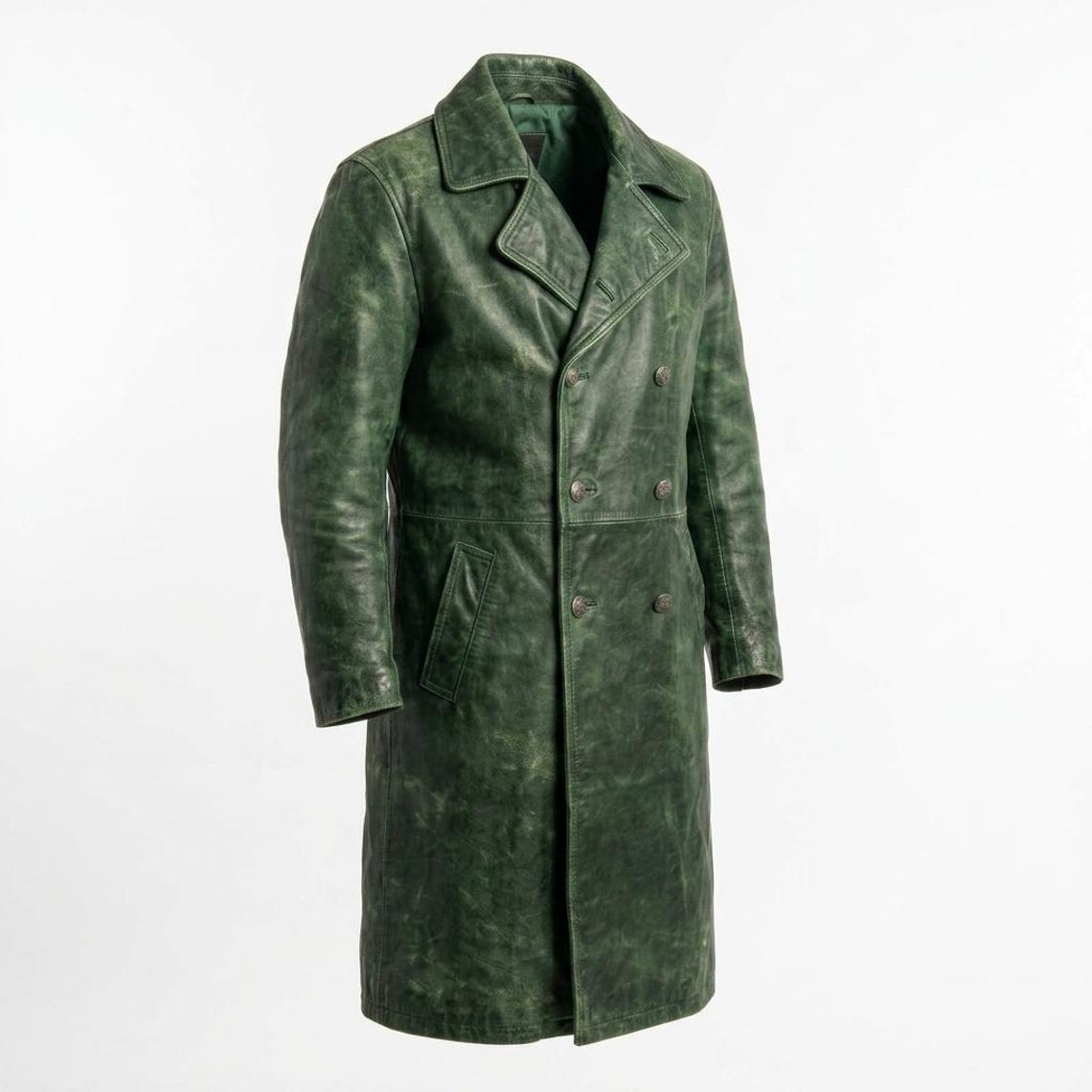 Side profile of long distressed green leather trench coat for men