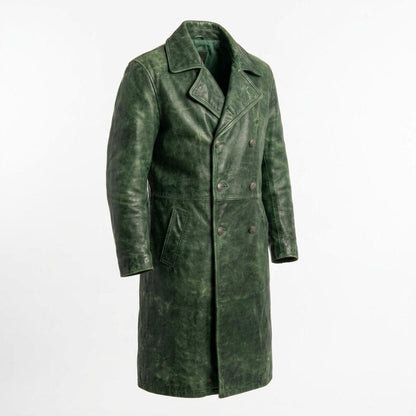 Side profile of long distressed green leather trench coat for men