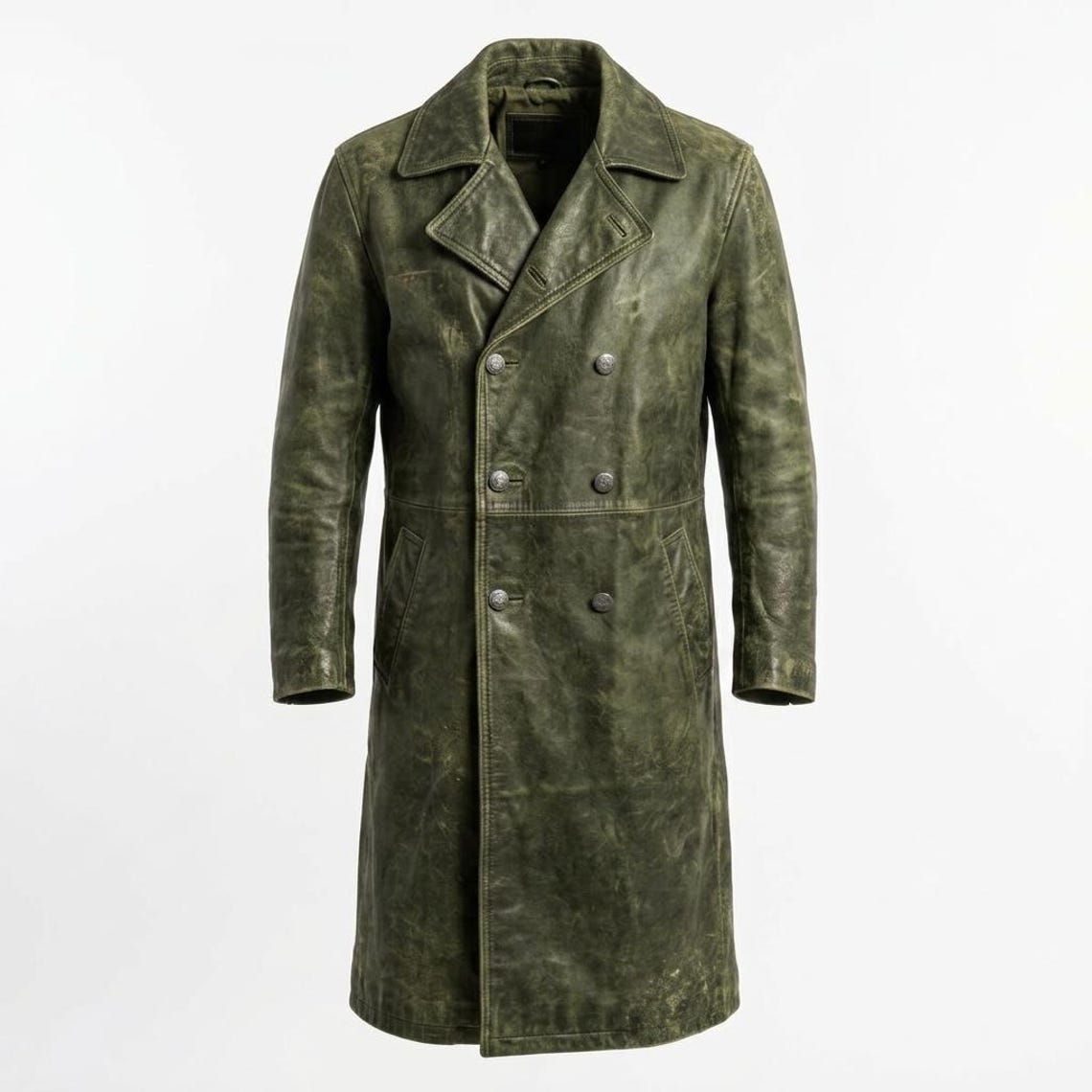 Front view of men vintage leather trench coat in distressed green finish
