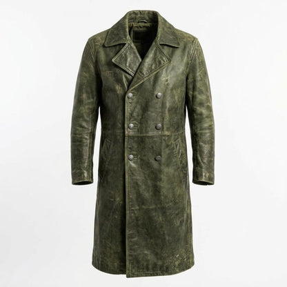 Front view of men vintage leather trench coat in distressed green finish