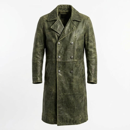 Front view of men vintage leather trench coat in distressed green finish