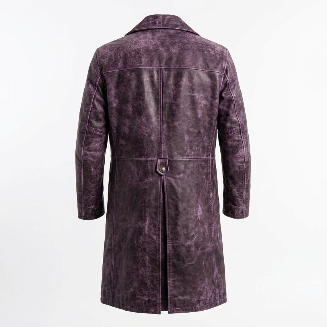  Back view of men vintage distressed purple leather trench coat