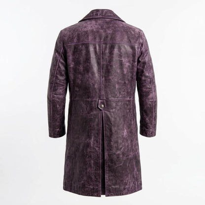  Back view of men vintage distressed purple leather trench coat