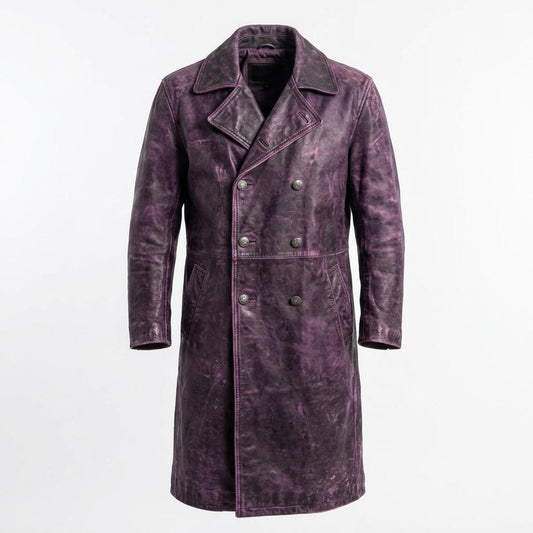 Front view of men vintage distressed purple leather trench coat with double breasted closure
