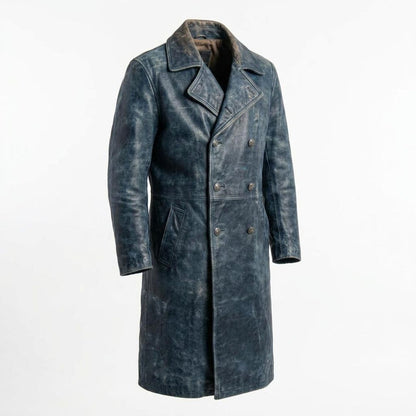 Side profile of men vintage blue leather trench coat long style