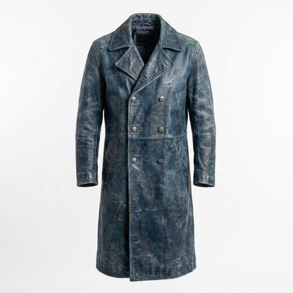  Front view of men vintage distressed blue leather trench coat with double breasted closure