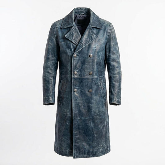  Front view of men vintage distressed blue leather trench coat with double breasted closure