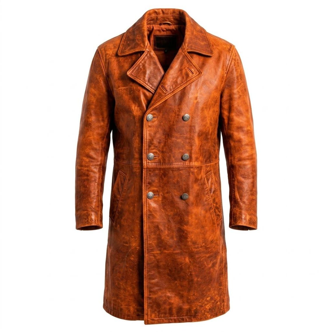Front view of men vintage distressed orange leather trench coat with double breasted closure