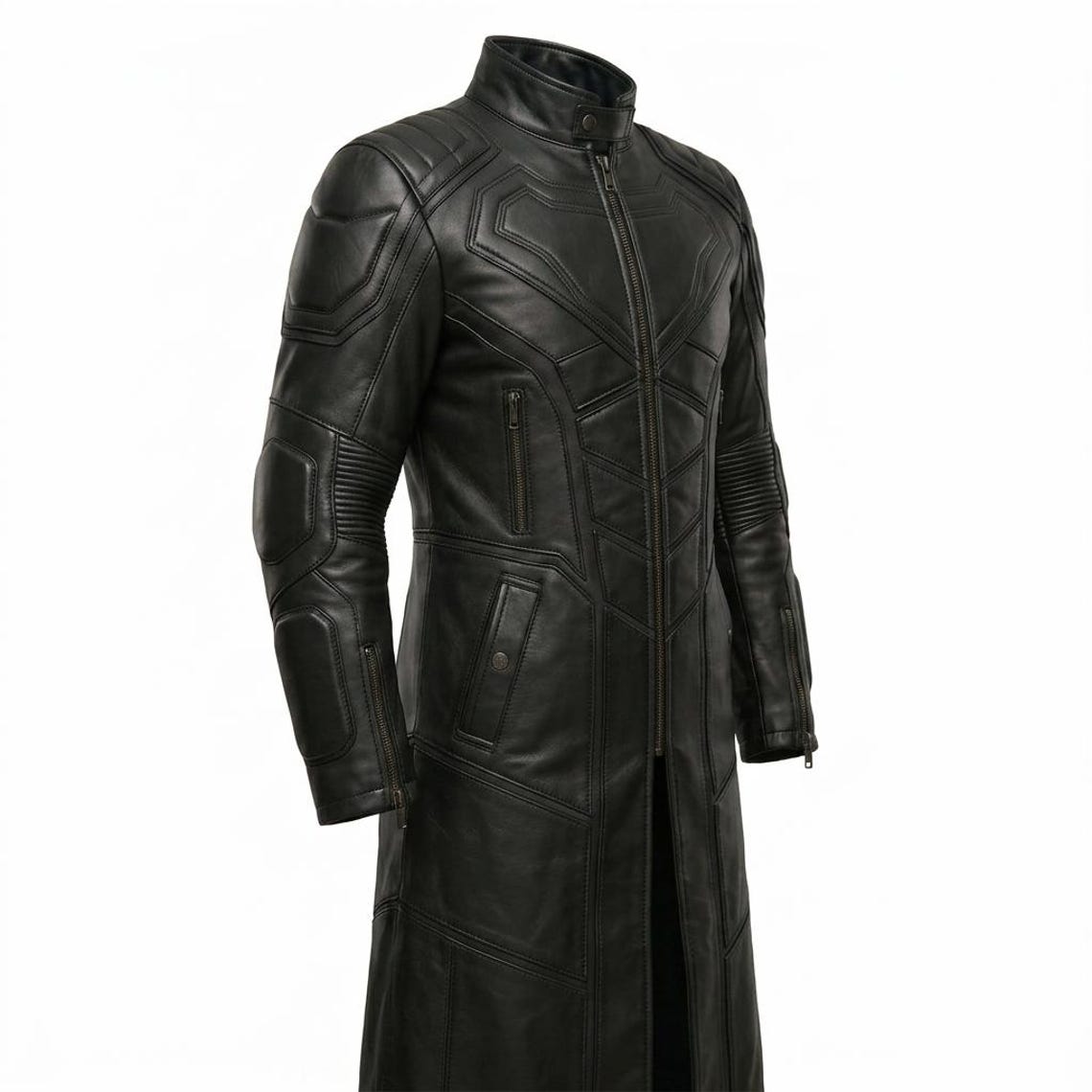 Side view of mens long black leather hero trench coat
