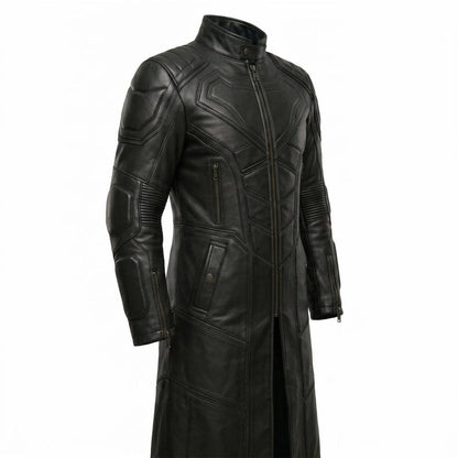 Side view of mens long black leather hero trench coat
