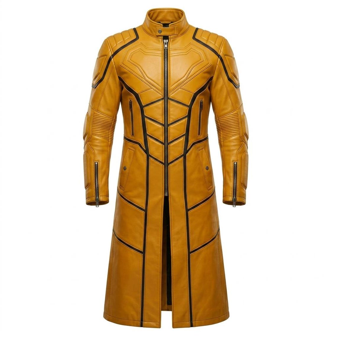 Front view of mens yellow leather superhero trench coat slim fit