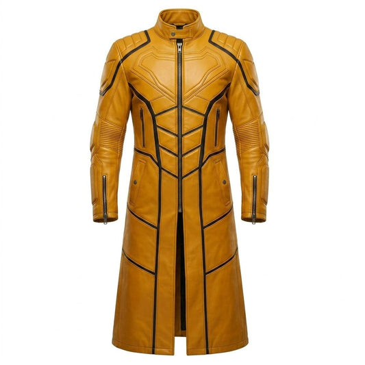 Front view of mens yellow leather superhero trench coat slim fit