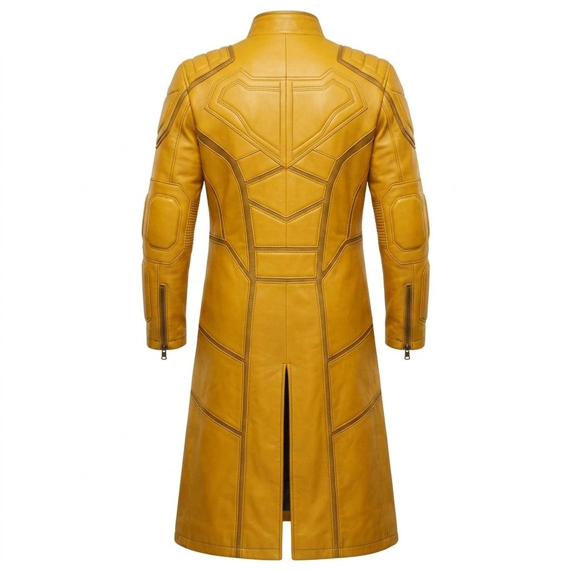 Back view of mens long yellow leather biker trench coat