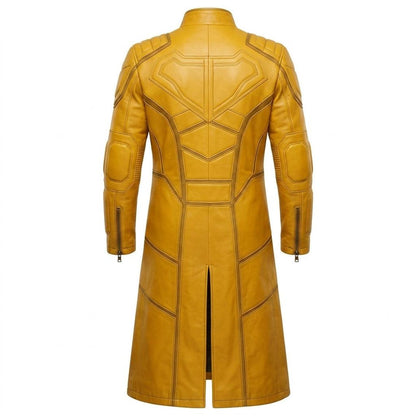Back view of mens long yellow leather biker trench coat