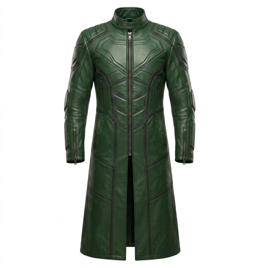 Front view of mens green leather superhero trench coat slim fit design