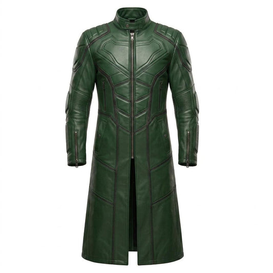Front view of mens green leather superhero trench coat slim fit design