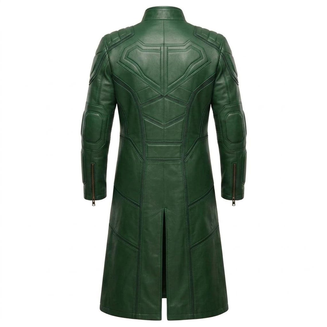 Back view of mens long green leather biker trench coat