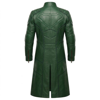 Back view of mens long green leather biker trench coat