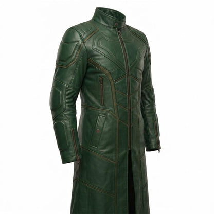  Side profile of green leather trench coat for men long biker style