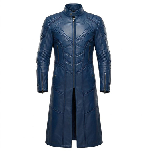 Front view of mens blue leather superhero trench coat slim fit long design