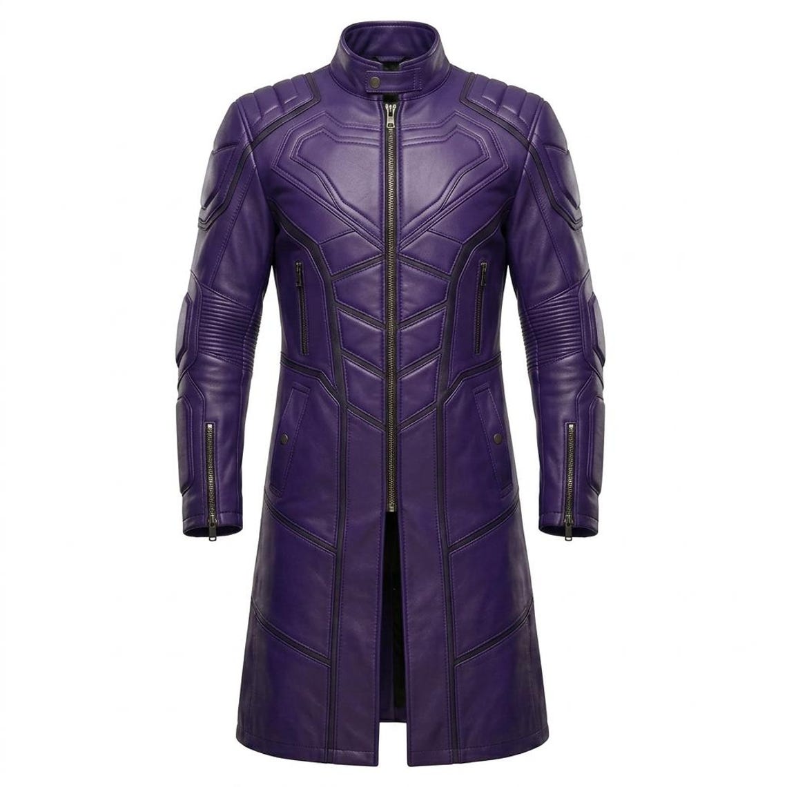 Front view of mens purple leather superhero long trench coat slim fit biker style