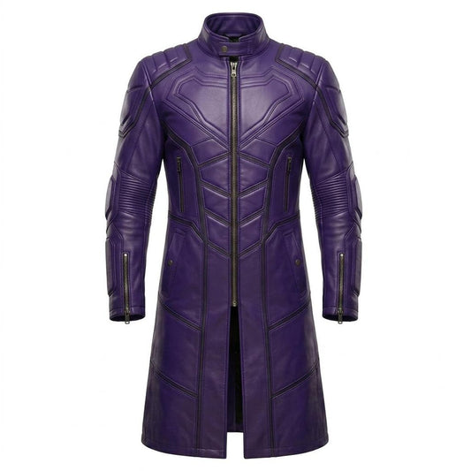 Front view of mens purple leather superhero long trench coat slim fit biker style