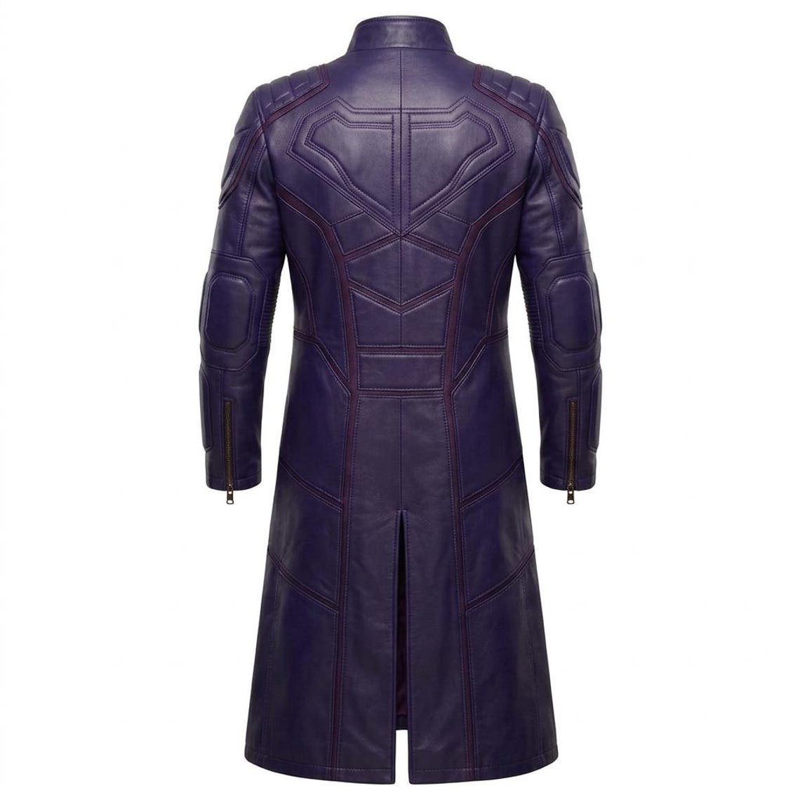 Back view of long purple leather trench coat for men with slim fit design