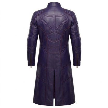 Back view of long purple leather trench coat for men with slim fit design