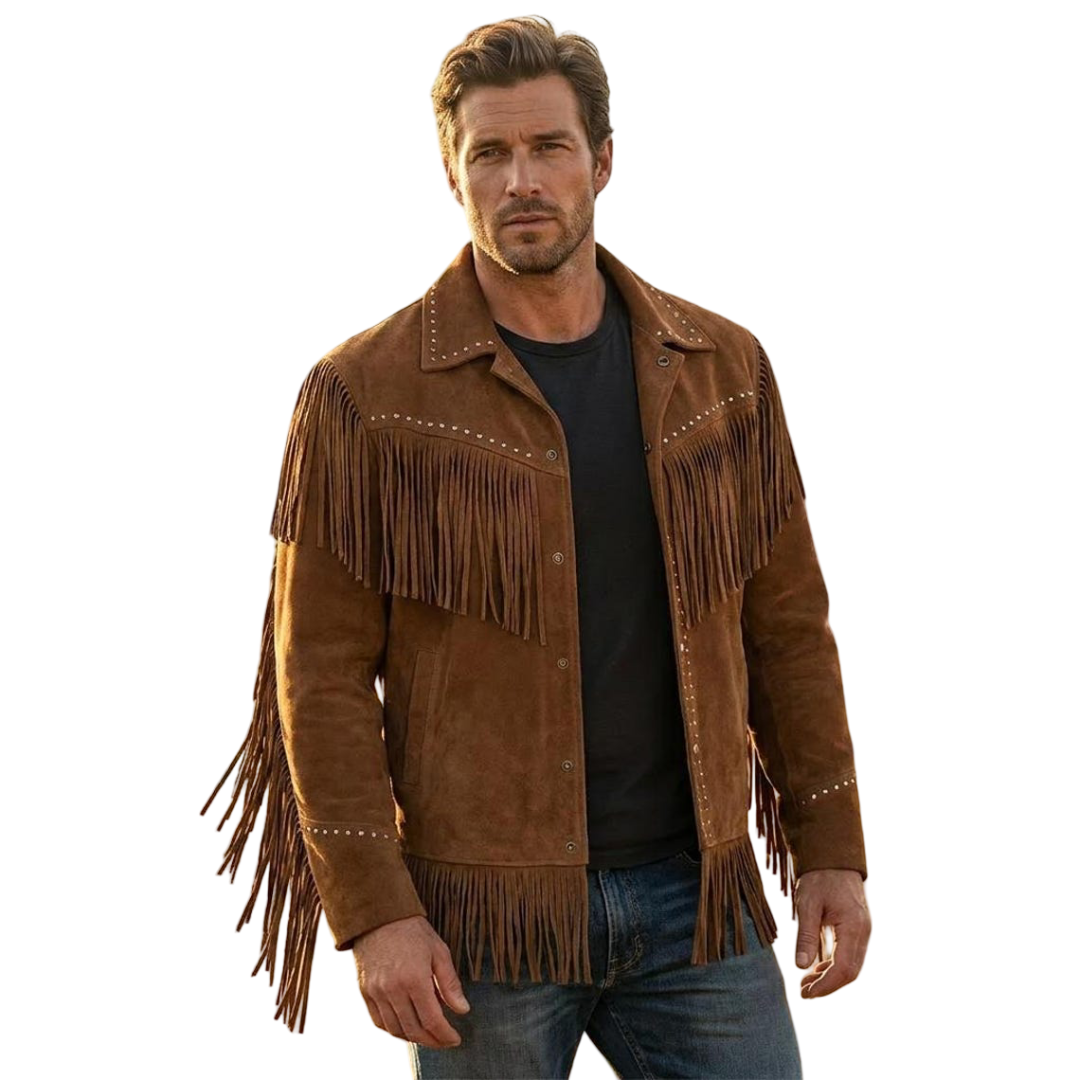 Front view of men brown suede fringe jacket with studded western detailing