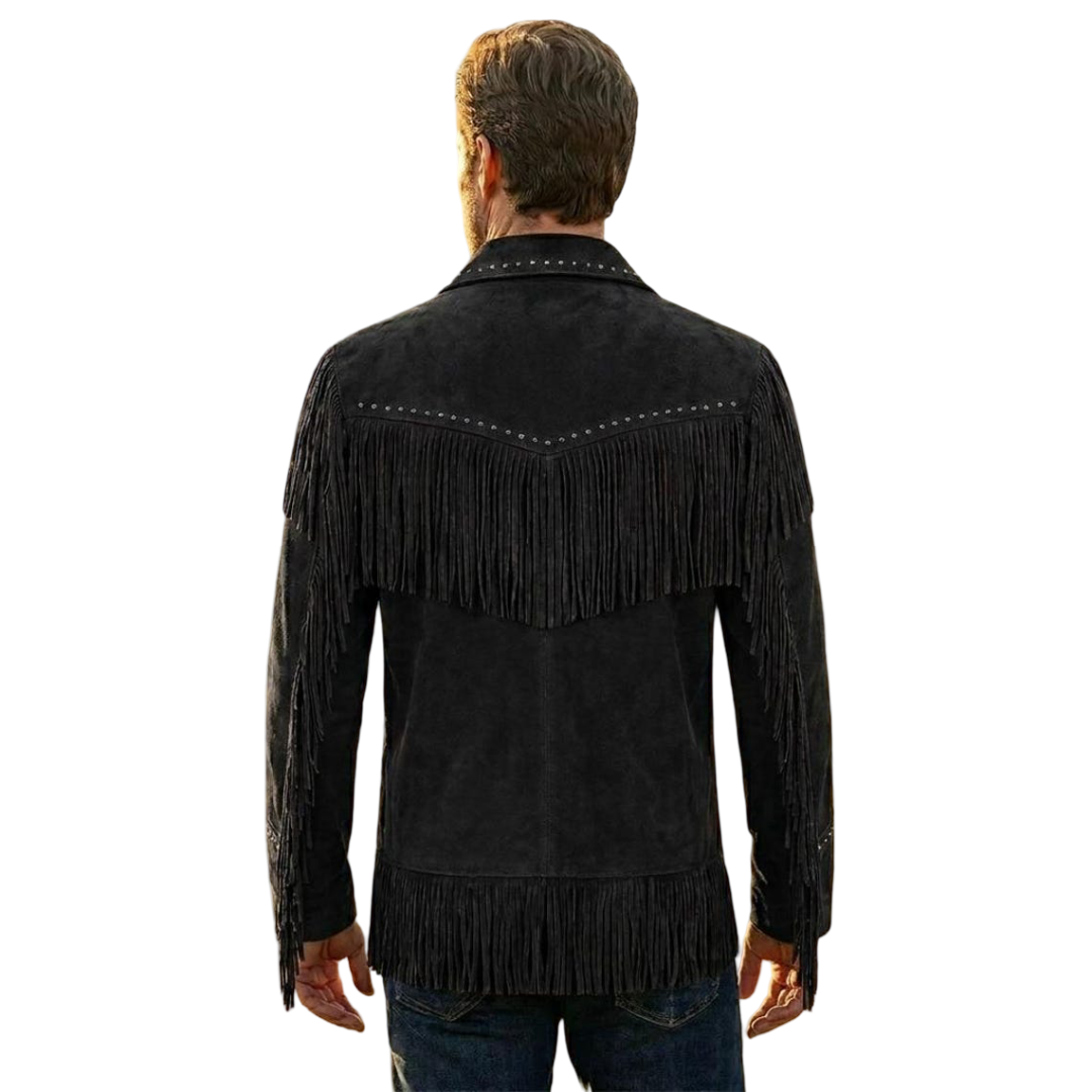 Back view of western black suede fringe leather coat