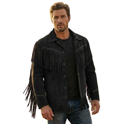 Front view of men black suede fringe leather jacket western cowboy style