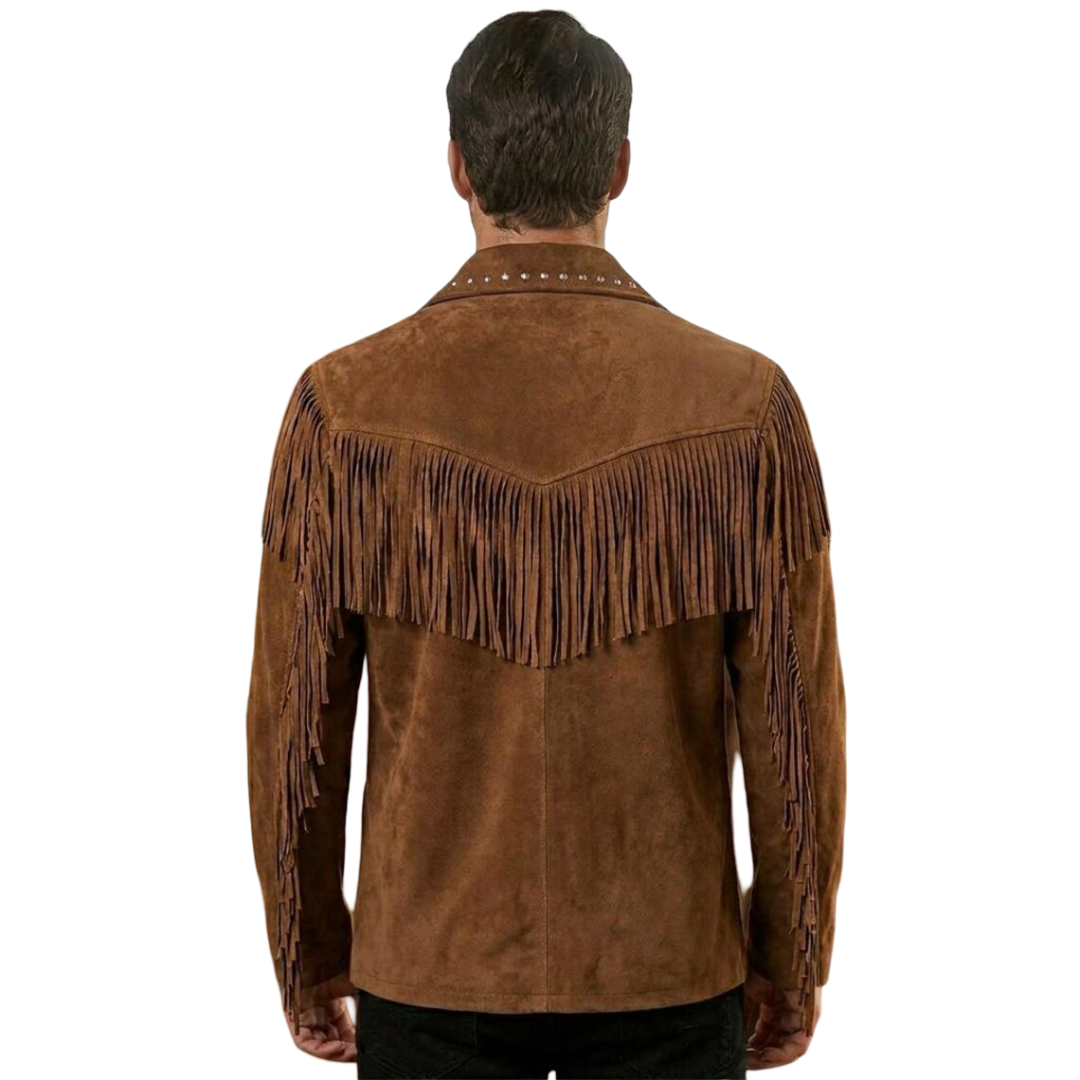  Back view of men ranch style suede fringe leather jacket
