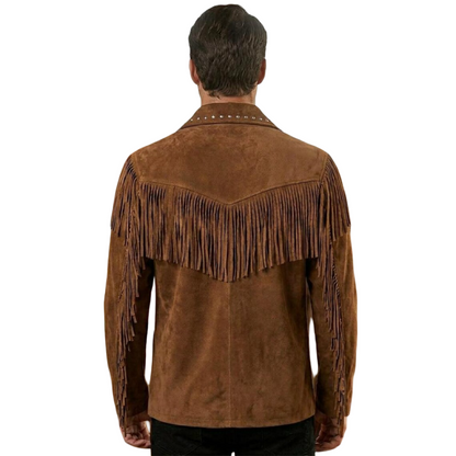  Back view of men ranch style suede fringe leather jacket