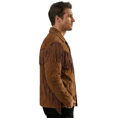 Side profile of men western suede fringe leather jacket with long fringe