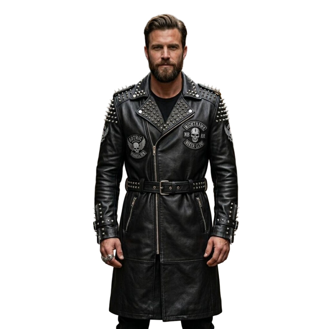 Front view of men's black leather gothic trench coat with spiked skull detail