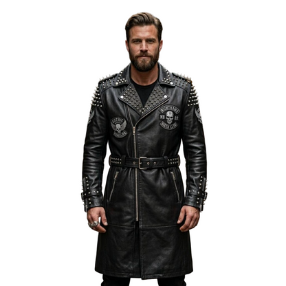 Front view of men's black leather gothic trench coat with spiked skull detail