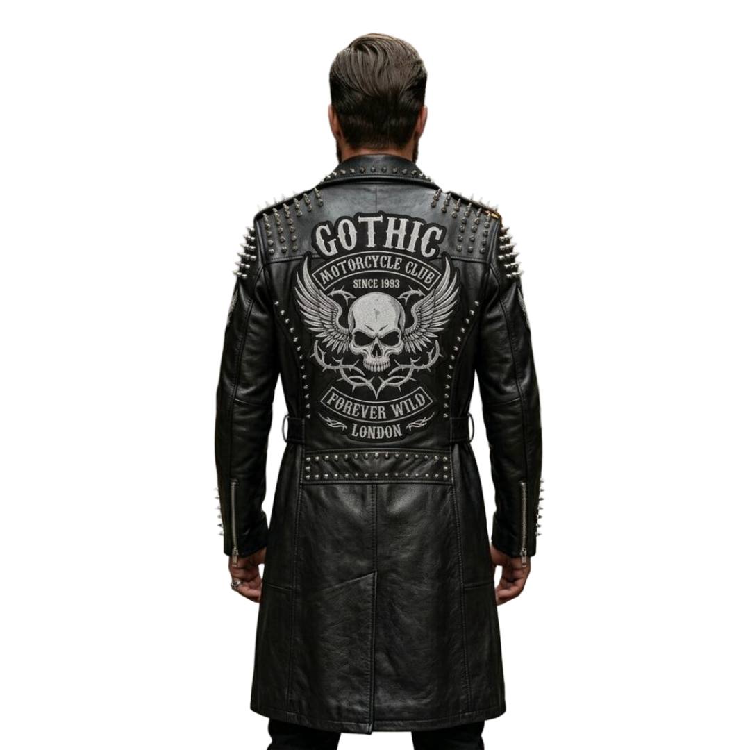 Back view of black leather gothic biker trench coat