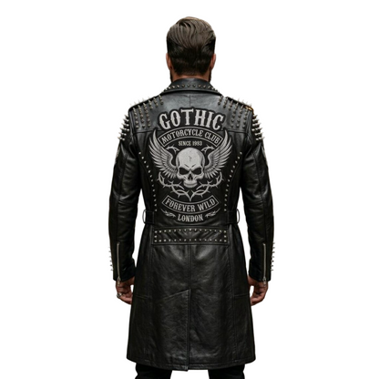 Back view of black leather gothic biker trench coat