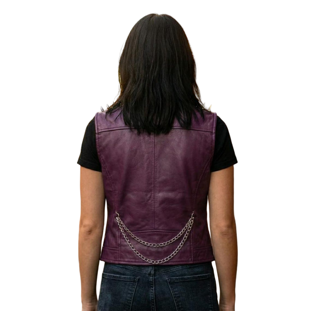 Back view of gothic purple studded leather vest for women