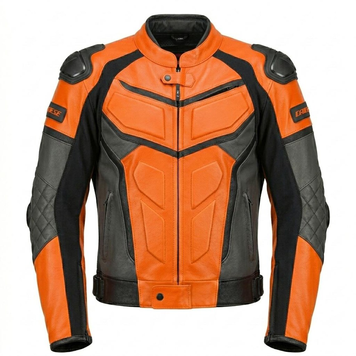 Front view of men orange leather motorcycle jacket with padded armor