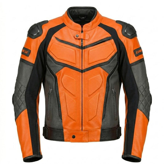 Front view of men orange leather motorcycle jacket with padded armor