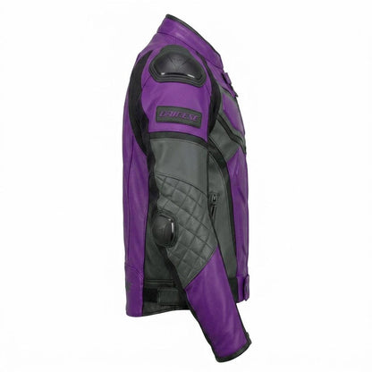 Side angle of purple leather biker riding jacket for men