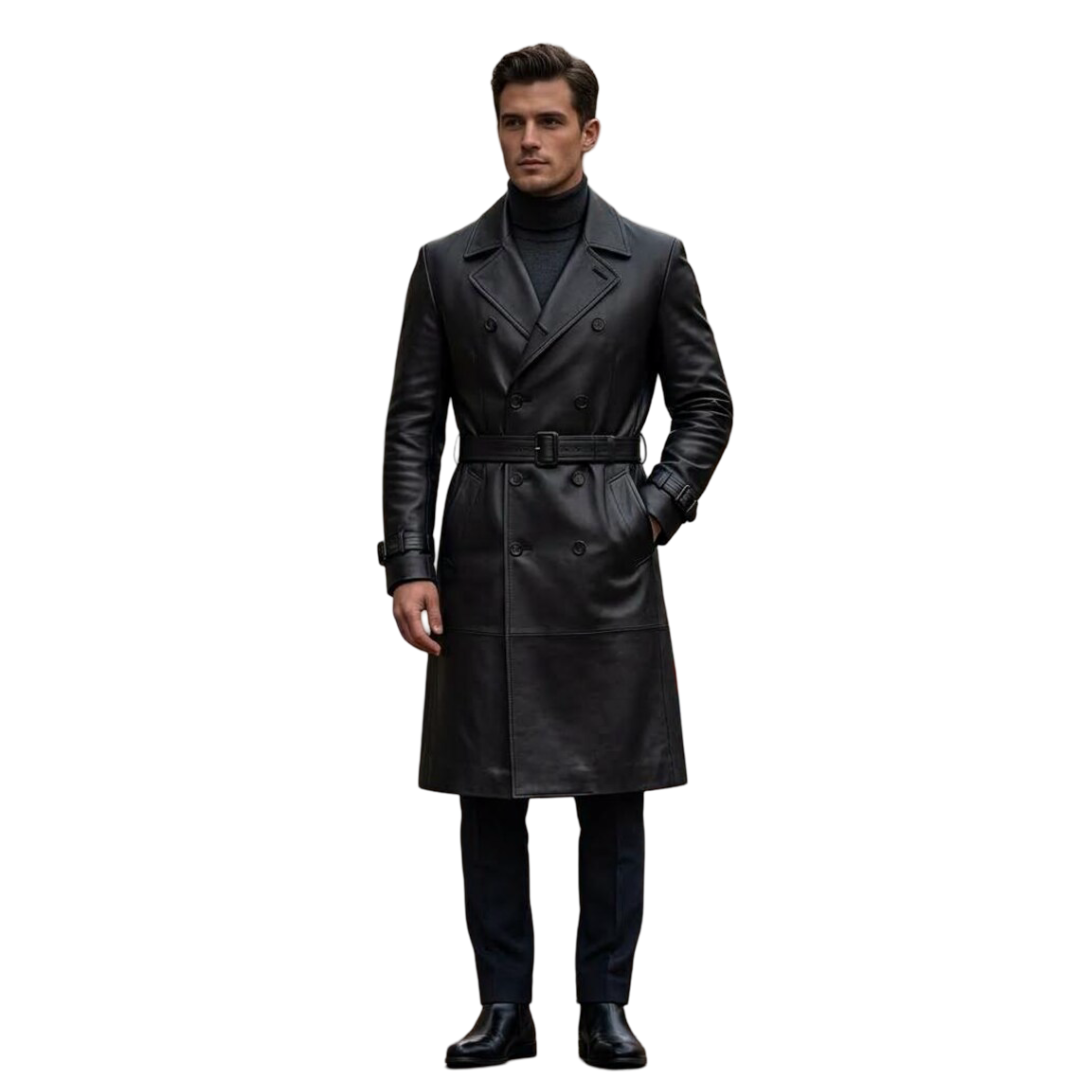 Front view of men black leather trench coat double breasted classic overcoat